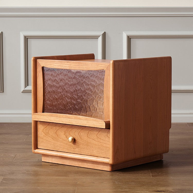 Contemporary Scandinavian Solid Wood Glass Rounded Square Nightstand 2-Drawer For Bedroom