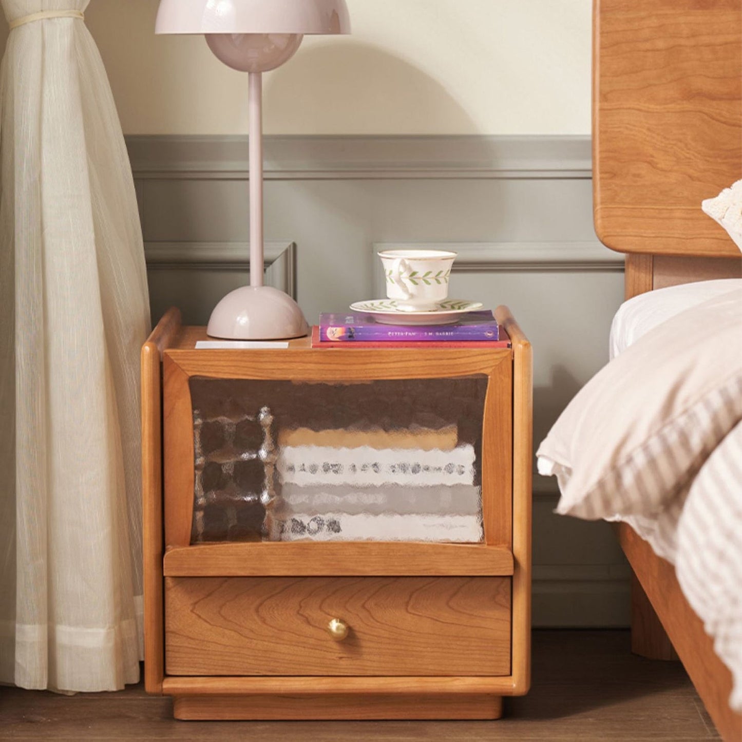 Contemporary Scandinavian Solid Wood Glass Rounded Square Nightstand 2-Drawer For Bedroom