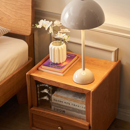 Contemporary Scandinavian Solid Wood Glass Rounded Square Nightstand 2-Drawer For Bedroom
