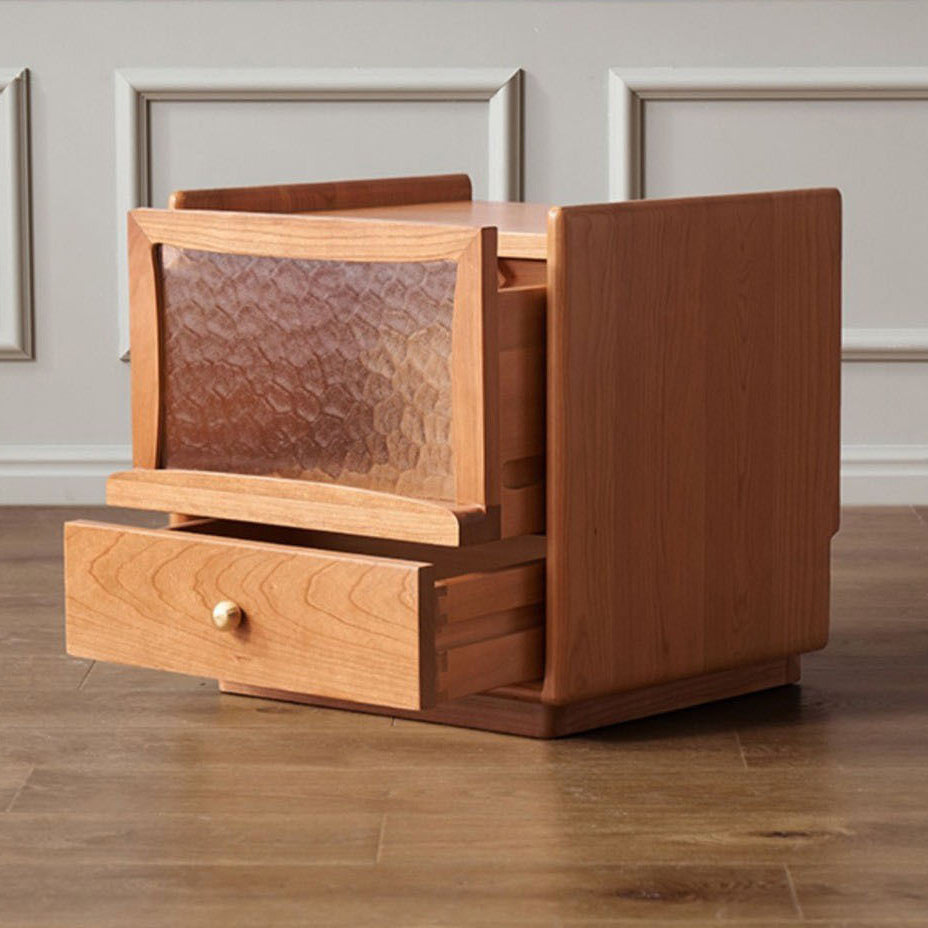 Contemporary Scandinavian Solid Wood Glass Rounded Square Nightstand 2-Drawer For Bedroom