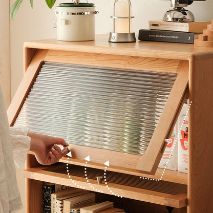 Contemporary Scandinavian Pine Glass Stainless Steel Metal Curved Rectangle Side Table 3-Storage For Living Room & Dining Room