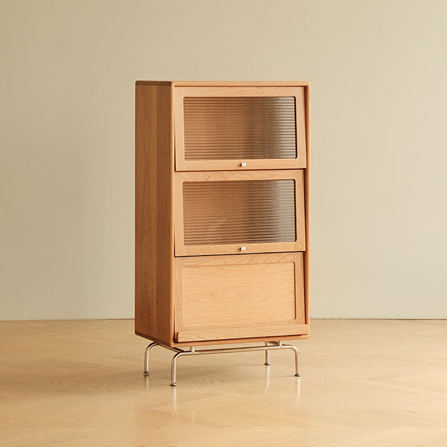 Contemporary Scandinavian Pine Glass Stainless Steel Metal Curved Rectangle Side Table 3-Storage For Living Room & Dining Room