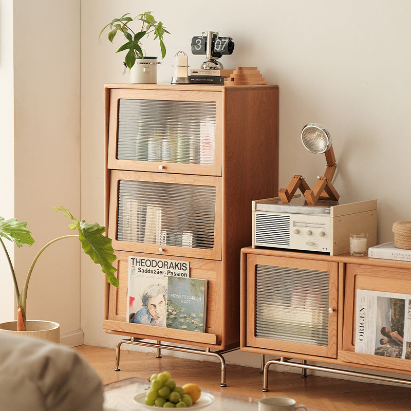 Contemporary Scandinavian Pine Glass Stainless Steel Metal Curved Rectangle Side Table 3-Storage For Living Room & Dining Room