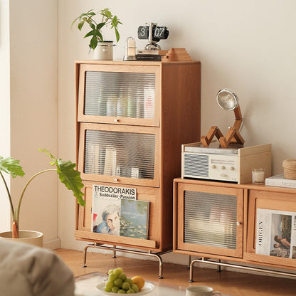 Contemporary Scandinavian Pine Glass Stainless Steel Metal Curved Rectangle Side Table 3-Storage For Living Room & Dining Room