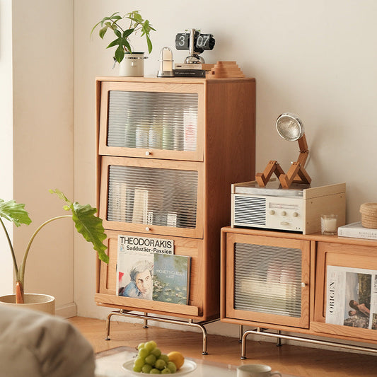 Contemporary Scandinavian Pine Glass Stainless Steel Metal Curved Rectangle Side Table 3-Storage For Living Room & Dining Room