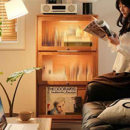 Contemporary Scandinavian Pine Glass Stainless Steel Metal Curved Rectangle Side Table 3-Storage For Living Room & Dining Room