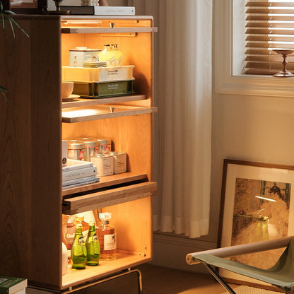 Contemporary Scandinavian Pine Glass Stainless Steel Metal Curved Rectangle Side Table 3-Storage For Living Room & Dining Room