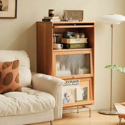 Contemporary Scandinavian Pine Glass Stainless Steel Metal Curved Rectangle Side Table 3-Storage For Living Room & Dining Room