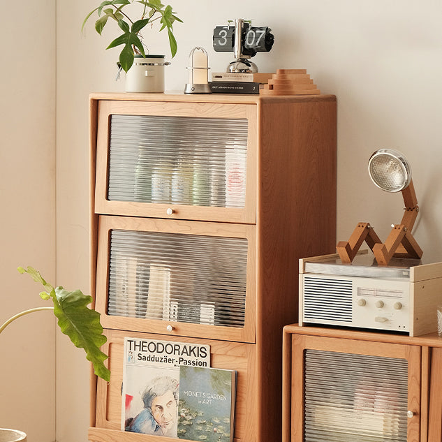 Contemporary Scandinavian Pine Glass Stainless Steel Metal Curved Rectangle Side Table 3-Storage For Living Room & Dining Room
