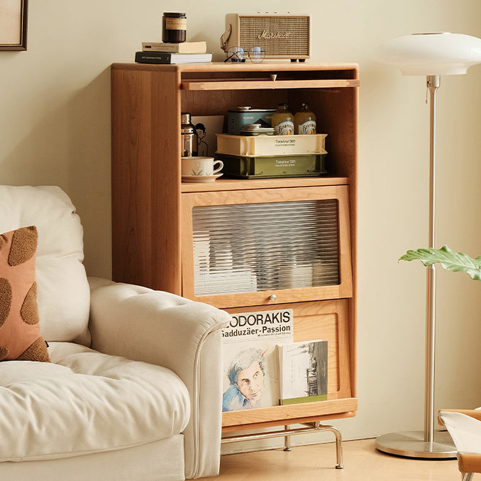 Contemporary Scandinavian Pine Glass Stainless Steel Metal Curved Rectangle Side Table 3-Storage For Living Room & Dining Room