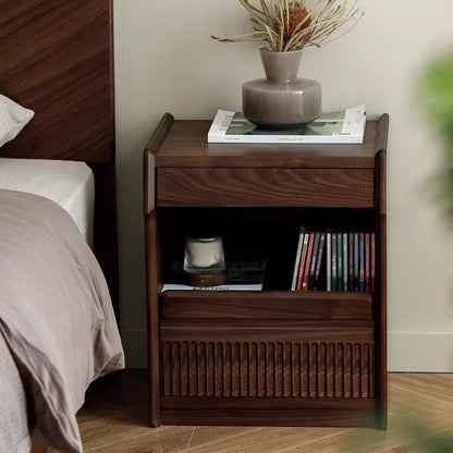 Contemporary Scandinavian Black Walnut Rectangular Textured Nightstand With 2 Tiers For Bedroom