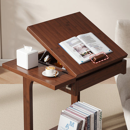 Traditional Vintage Bamboo C-Shaped Square Side Table With 2 Tiers For Bedroom & Living Room