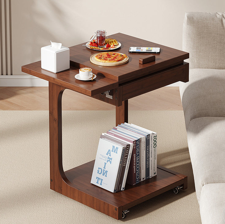 Traditional Vintage Bamboo C-Shaped Square Side Table With 2 Tiers For Bedroom & Living Room