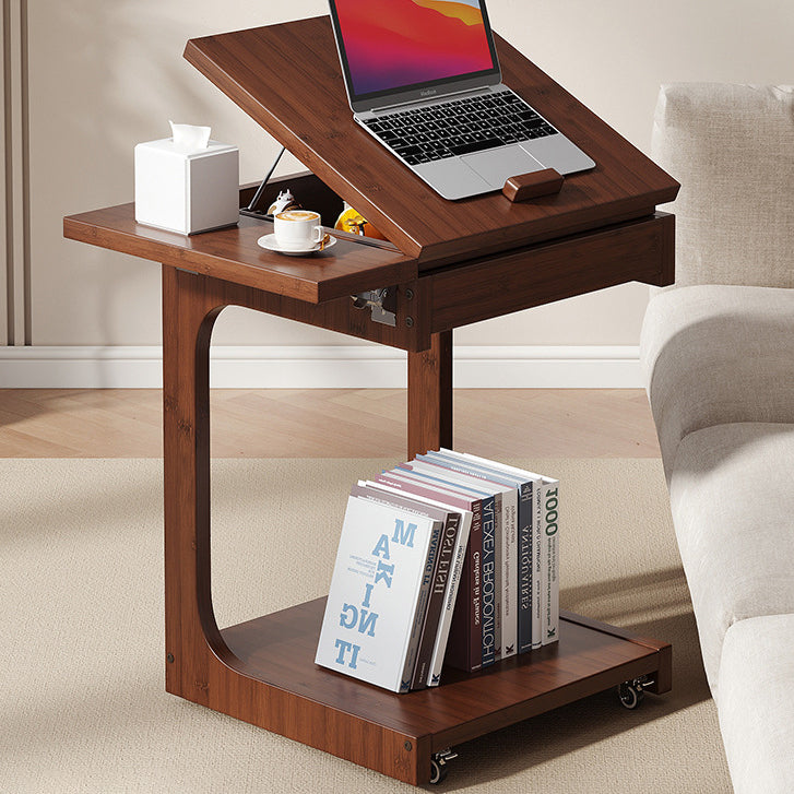 Traditional Vintage Bamboo C-Shaped Square Side Table With 2 Tiers For Bedroom & Living Room