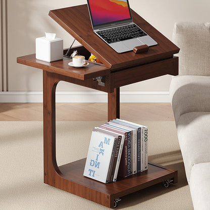 Traditional Vintage Bamboo C-Shaped Square Side Table With 2 Tiers For Bedroom & Living Room