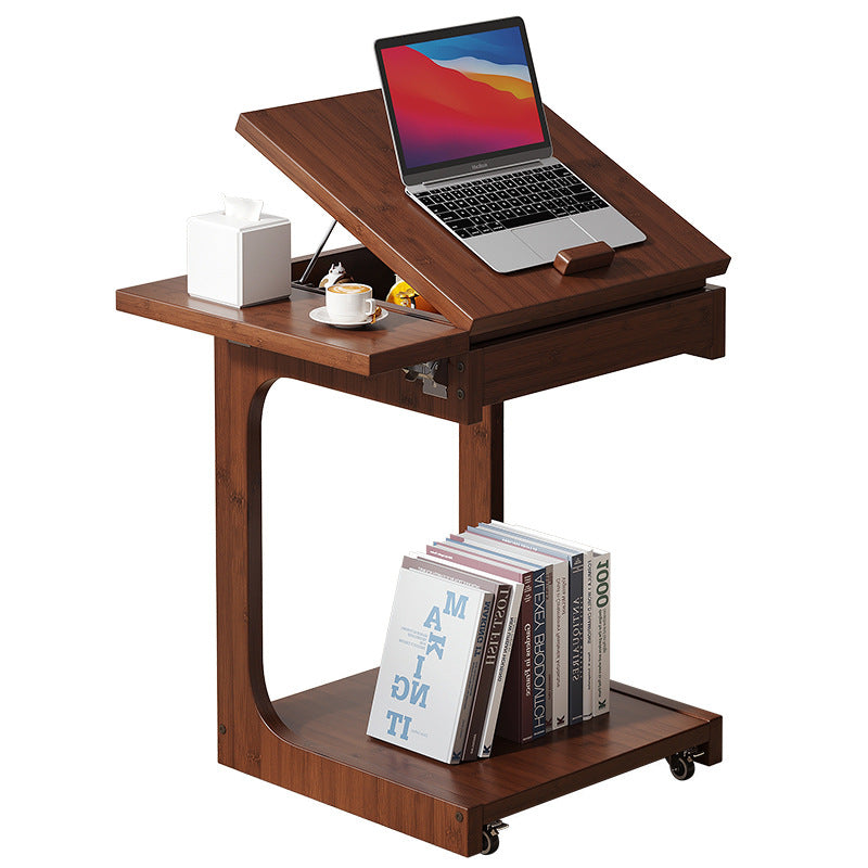 Traditional Vintage Bamboo C-Shaped Square Side Table With 2 Tiers For Bedroom & Living Room