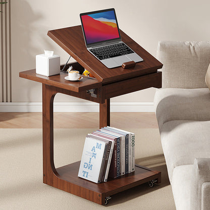 Traditional Vintage Bamboo C-Shaped Square Side Table With 2 Tiers For Bedroom & Living Room