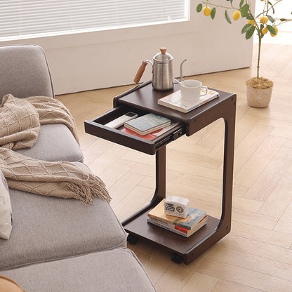Contemporary Creative Solid Wood Rounded Square C-Shaped Side Table With 2 Tiers For Bedroom & Living Room