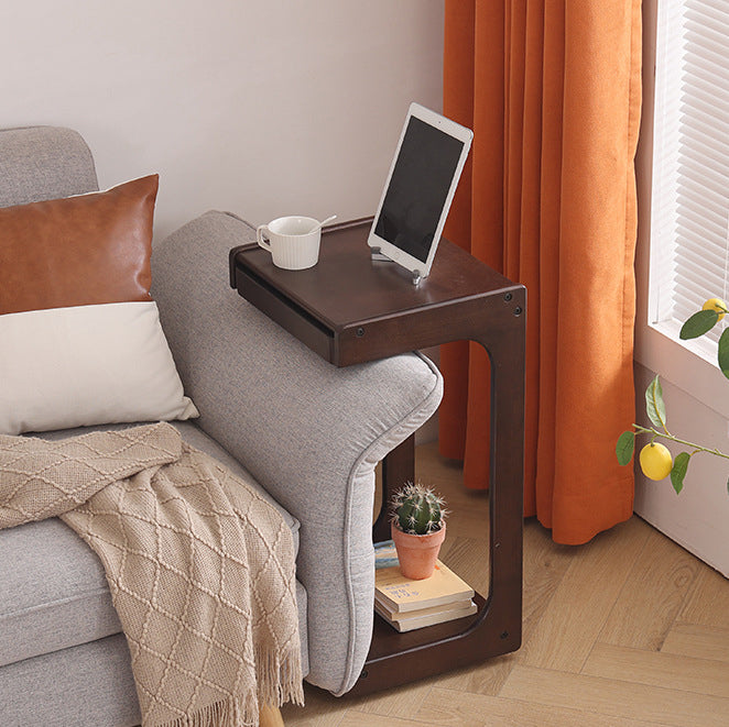 Contemporary Creative Solid Wood Rounded Square C-Shaped Side Table With 2 Tiers For Bedroom & Living Room