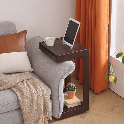 Contemporary Creative Solid Wood Rounded Square C-Shaped Side Table With 2 Tiers For Bedroom & Living Room