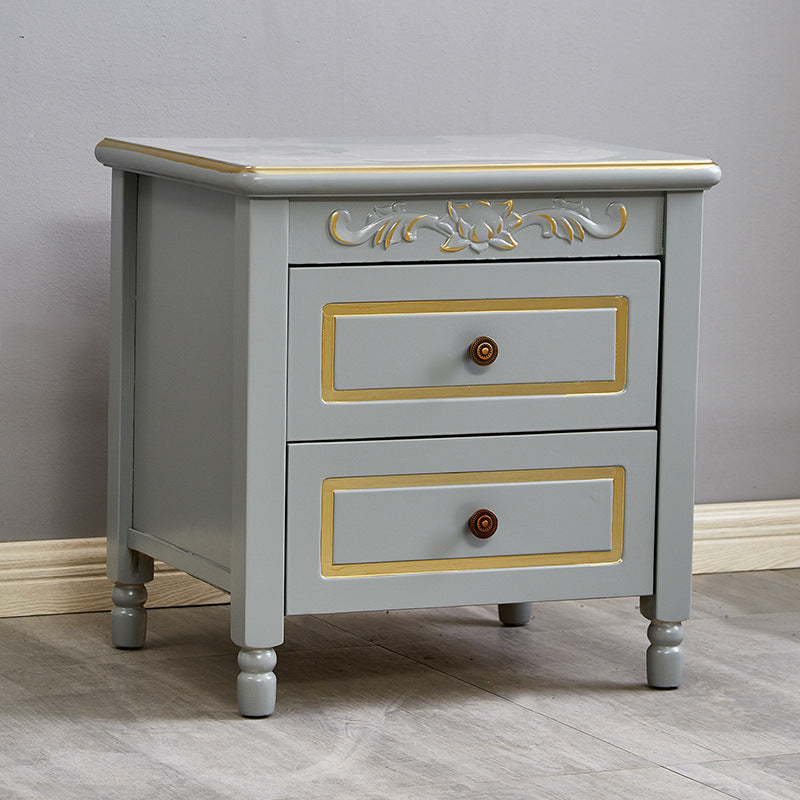 Modern Luxury Solid Wood Textured Square Nightstand With 2 Drawers For Bedroom