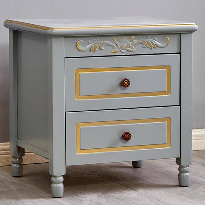 Modern Luxury Solid Wood Textured Square Nightstand With 2 Drawers For Bedroom