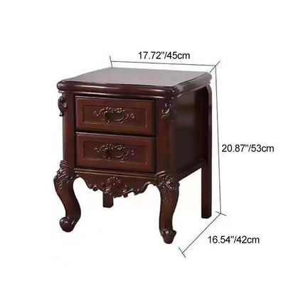 Traditional Chinese Solid Wood Textured Rectangular Nightstand With 2 Drawers For Bedroom