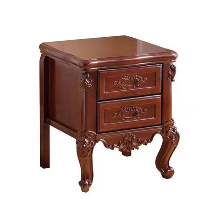Traditional Chinese Solid Wood Textured Rectangular Nightstand With 2 Drawers For Bedroom