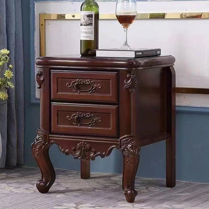 Traditional Chinese Solid Wood Textured Rectangular Nightstand With 2 Drawers For Bedroom