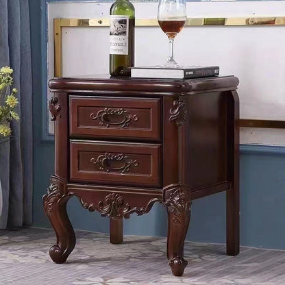 Traditional Chinese Solid Wood Textured Rectangular Nightstand With 2 Drawers For Bedroom