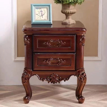 Traditional Chinese Solid Wood Textured Rectangular Nightstand With 2 Drawers For Bedroom