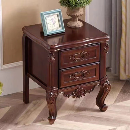 Traditional Chinese Solid Wood Textured Rectangular Nightstand With 2 Drawers For Bedroom