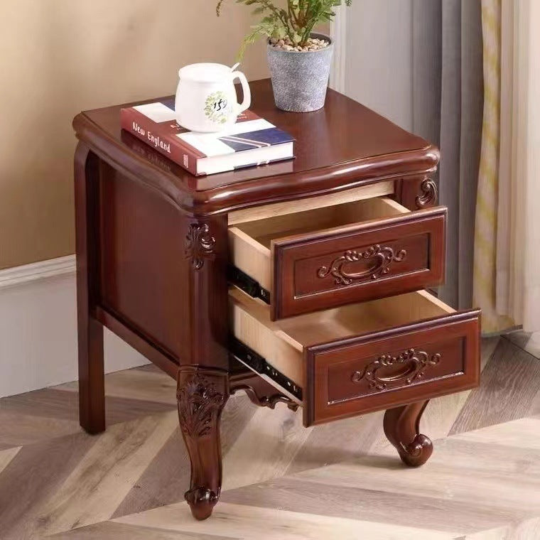 Traditional Chinese Solid Wood Textured Rectangular Nightstand With 2 Drawers For Bedroom