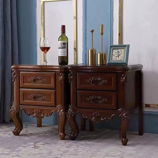 Traditional Chinese Solid Wood Textured Rectangular Nightstand With 2 Drawers For Bedroom