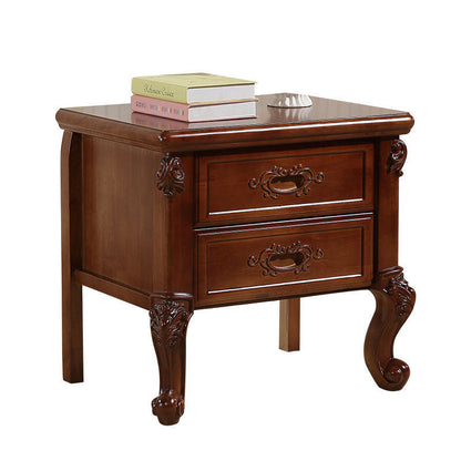 Traditional Vintage Rubber Wood & Metal Carved Curved Square Nightstand With 2 Drawers For Bedroom