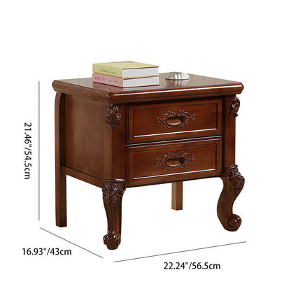 Traditional Vintage Rubber Wood & Metal Carved Curved Square Nightstand With 2 Drawers For Bedroom