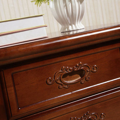 Traditional Vintage Rubber Wood & Metal Carved Curved Square Nightstand With 2 Drawers For Bedroom