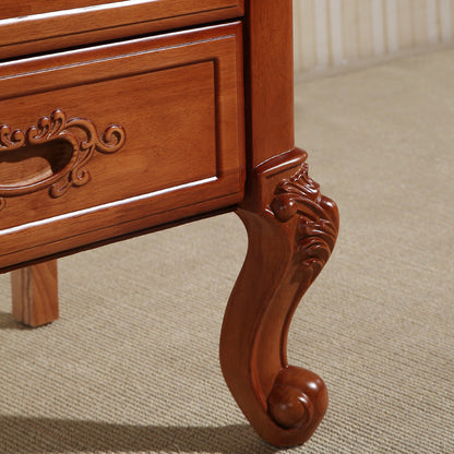Traditional Vintage Rubber Wood & Metal Carved Curved Square Nightstand With 2 Drawers For Bedroom