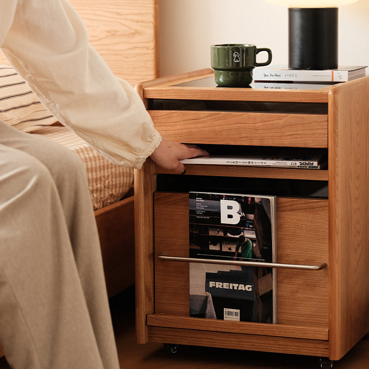 Traditional Japanese Cherry Wood & Stainless Steel Mobile Rectangular Nightstand 3-Tier For Bedroom