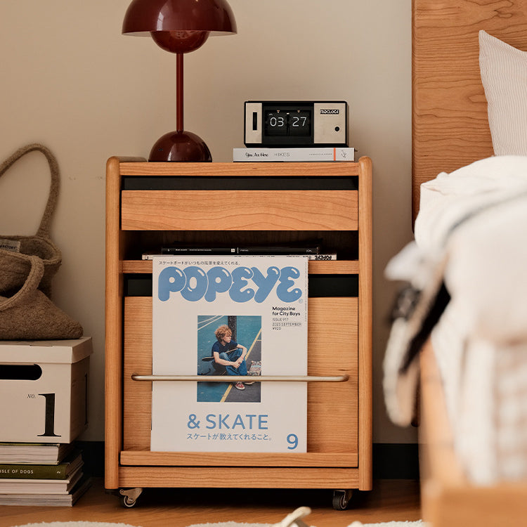 Traditional Japanese Cherry Wood & Stainless Steel Mobile Rectangular Nightstand 3-Tier For Bedroom