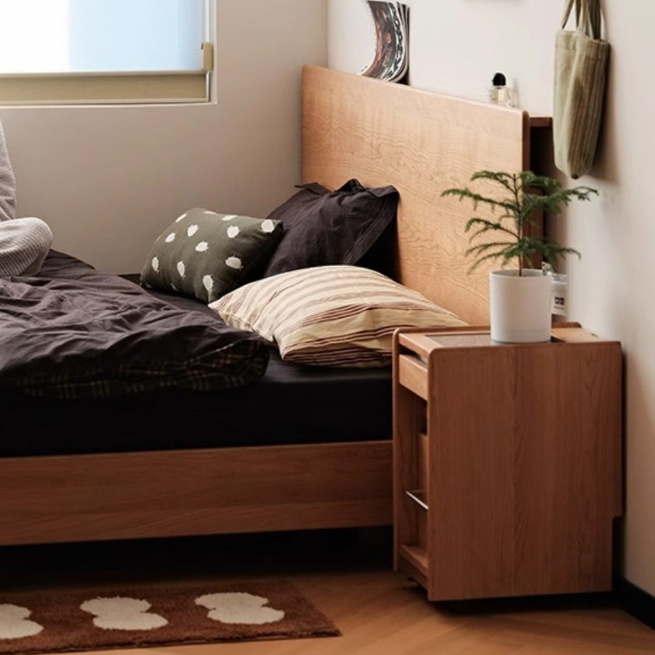 Traditional Japanese Cherry Wood & Stainless Steel Mobile Rectangular Nightstand 3-Tier For Bedroom