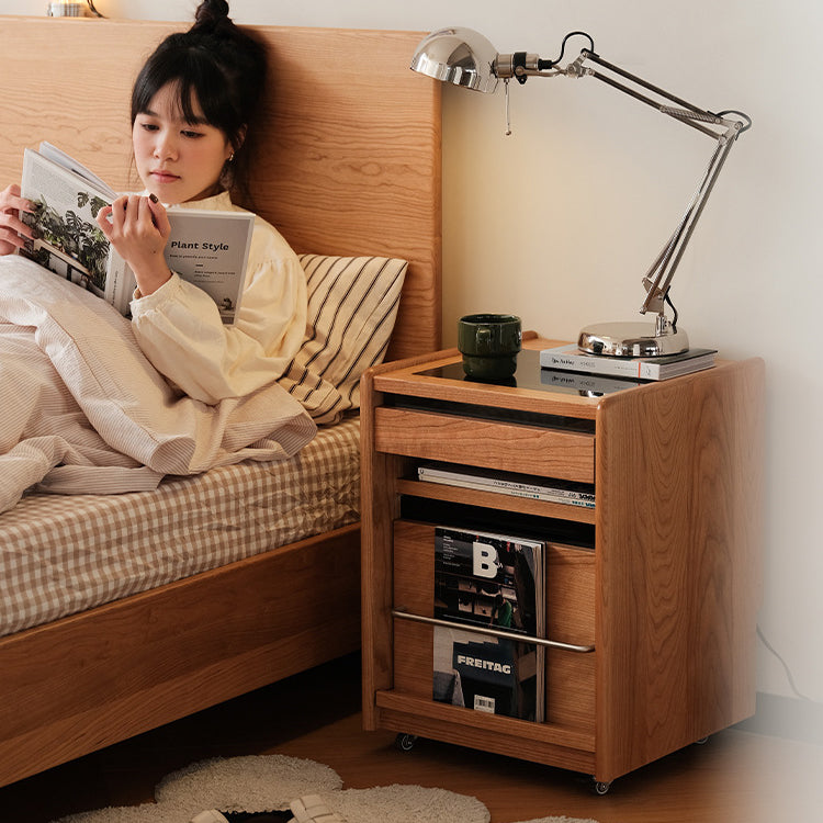 Traditional Japanese Cherry Wood & Stainless Steel Mobile Rectangular Nightstand 3-Tier For Bedroom