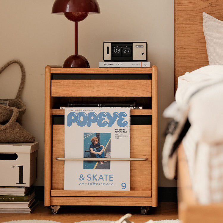 Traditional Japanese Cherry Wood & Stainless Steel Mobile Rectangular Nightstand 3-Tier For Bedroom