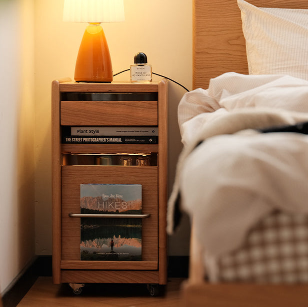 Traditional Japanese Cherry Wood & Stainless Steel Mobile Rectangular Nightstand 3-Tier For Bedroom