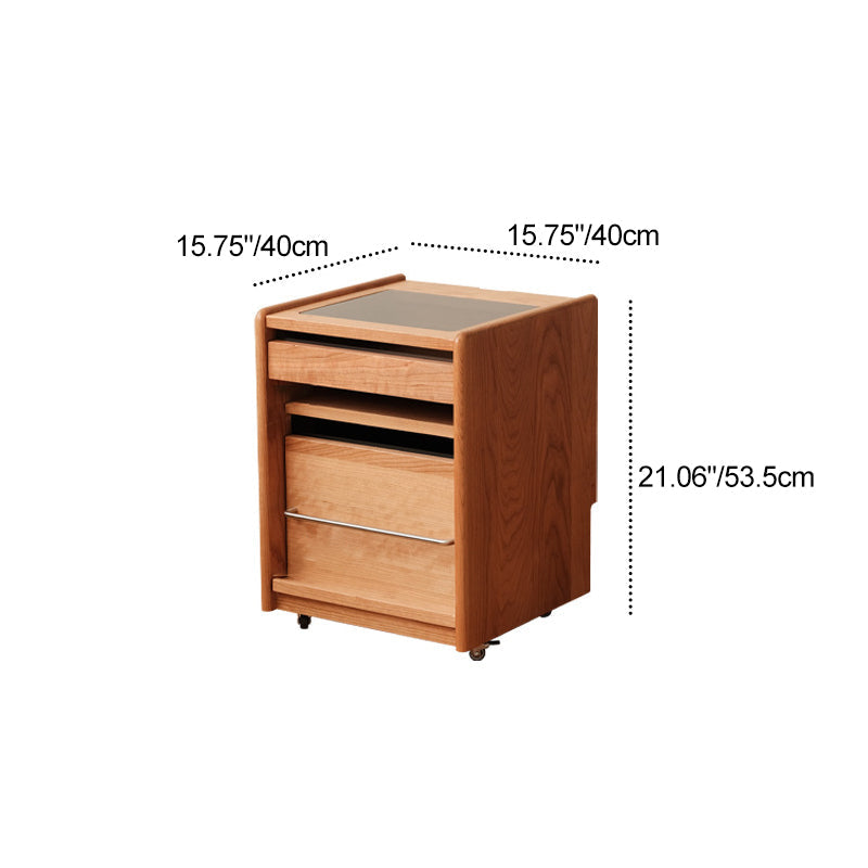Traditional Japanese Cherry Wood & Stainless Steel Mobile Rectangular Nightstand 3-Tier For Bedroom