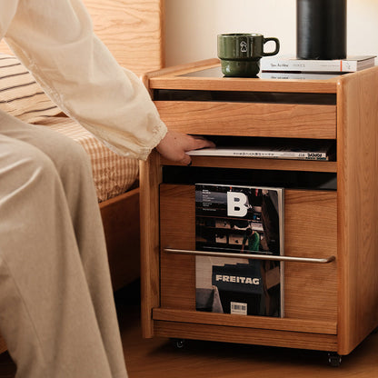 Traditional Japanese Cherry Wood & Stainless Steel Mobile Rectangular Nightstand 3-Tier For Bedroom