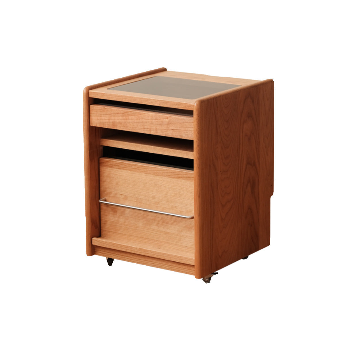 Traditional Japanese Cherry Wood & Stainless Steel Mobile Rectangular Nightstand 3-Tier For Bedroom