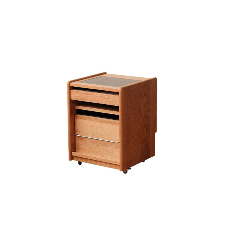 Traditional Japanese Cherry Wood & Stainless Steel Mobile Rectangular Nightstand 3-Tier For Bedroom