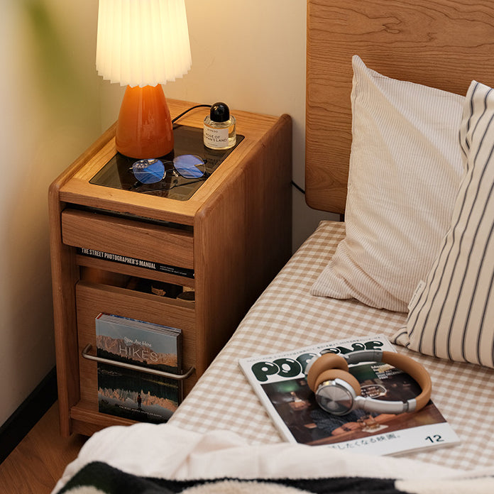 Traditional Japanese Cherry Wood & Stainless Steel Mobile Rectangular Nightstand 3-Tier For Bedroom