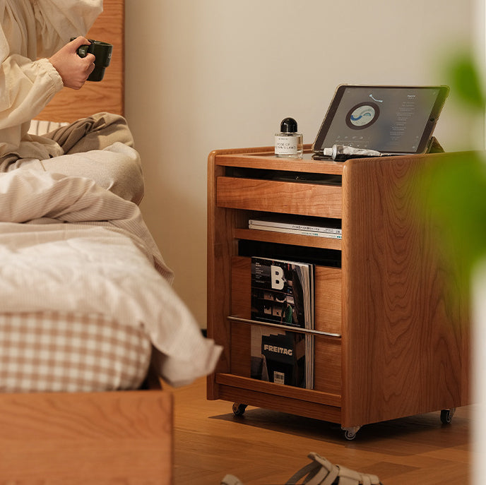 Traditional Japanese Cherry Wood & Stainless Steel Mobile Rectangular Nightstand 3-Tier For Bedroom